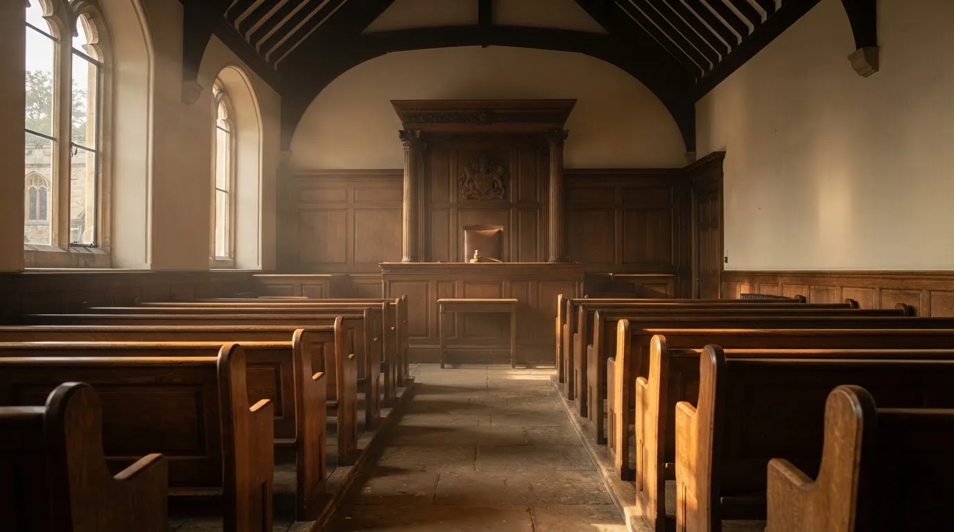 An empty courtroom with wooden benches in morning light