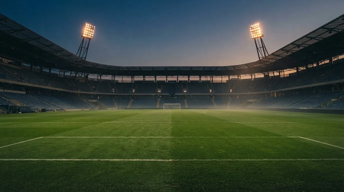 An empty football stadium with floodlight masts at dusk