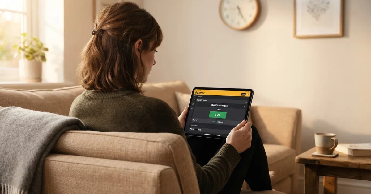 A person on a sofa looking thoughtfully at a tablet, a wall clock in the background