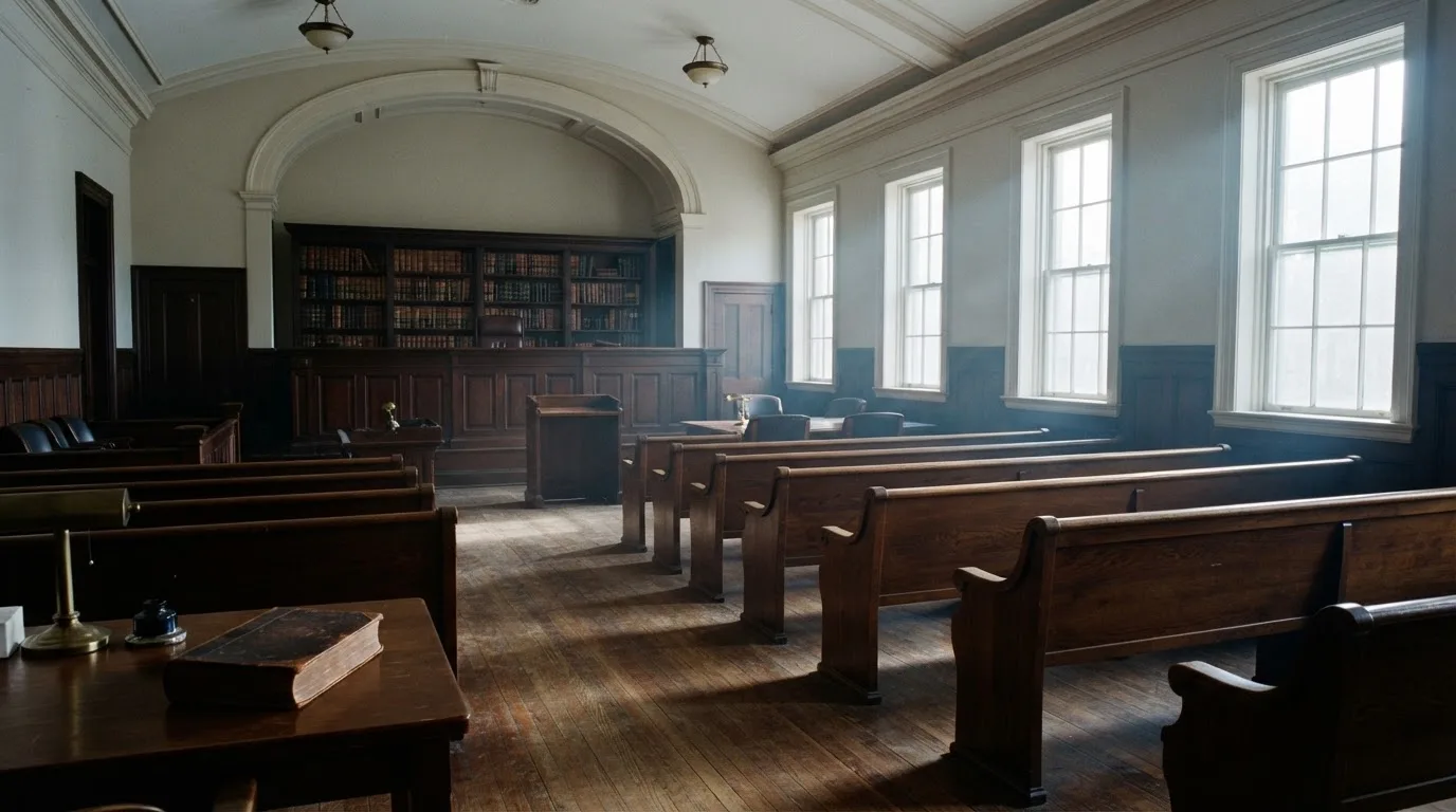 An empty courtroom with wooden benches in morning light