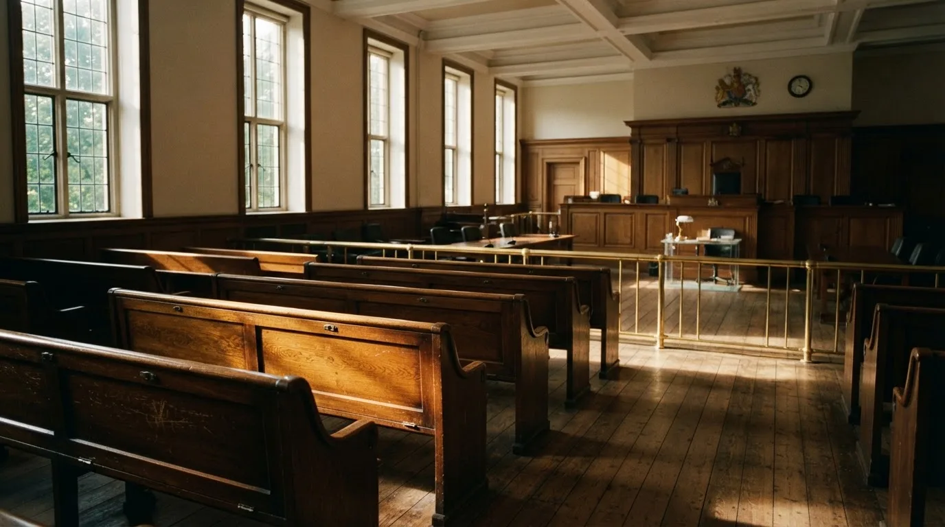 An empty courtroom with wooden benches in morning light