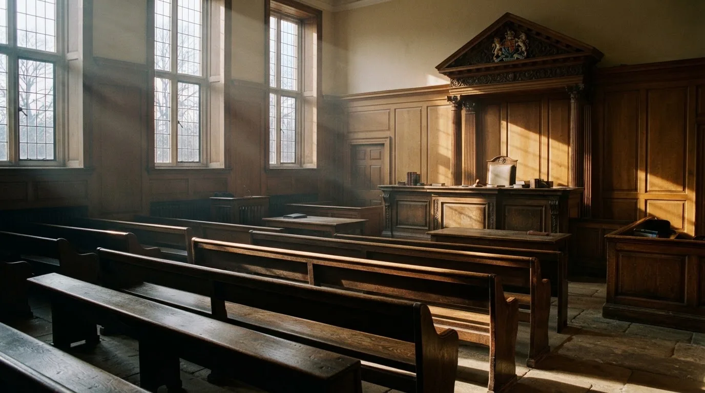 An empty courtroom with wooden benches in morning light