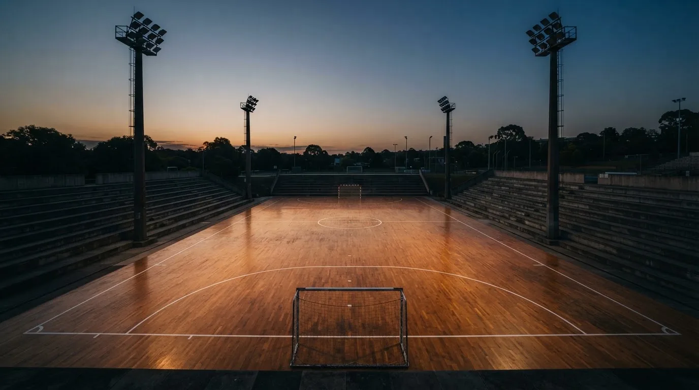 An empty football stadium with floodlight masts at dusk