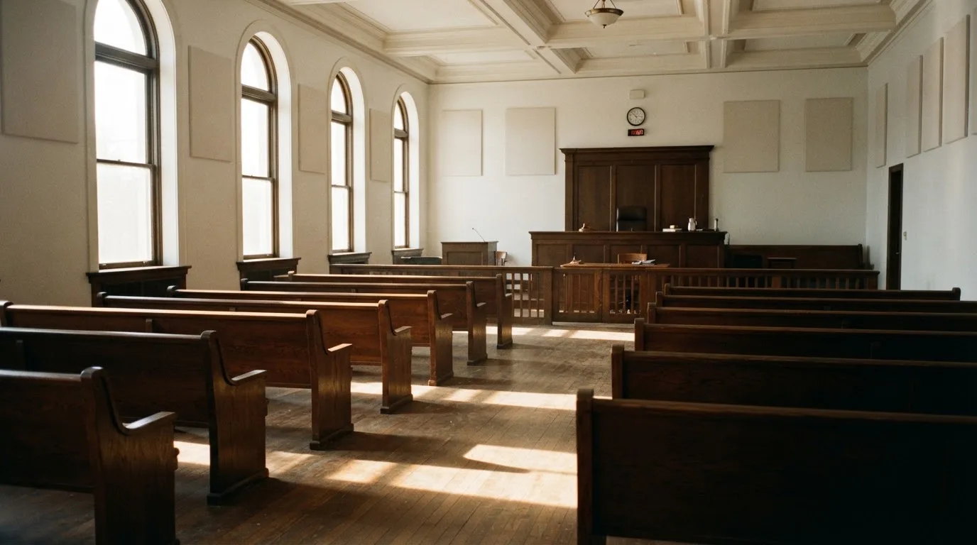 An empty courtroom with wooden benches in morning light