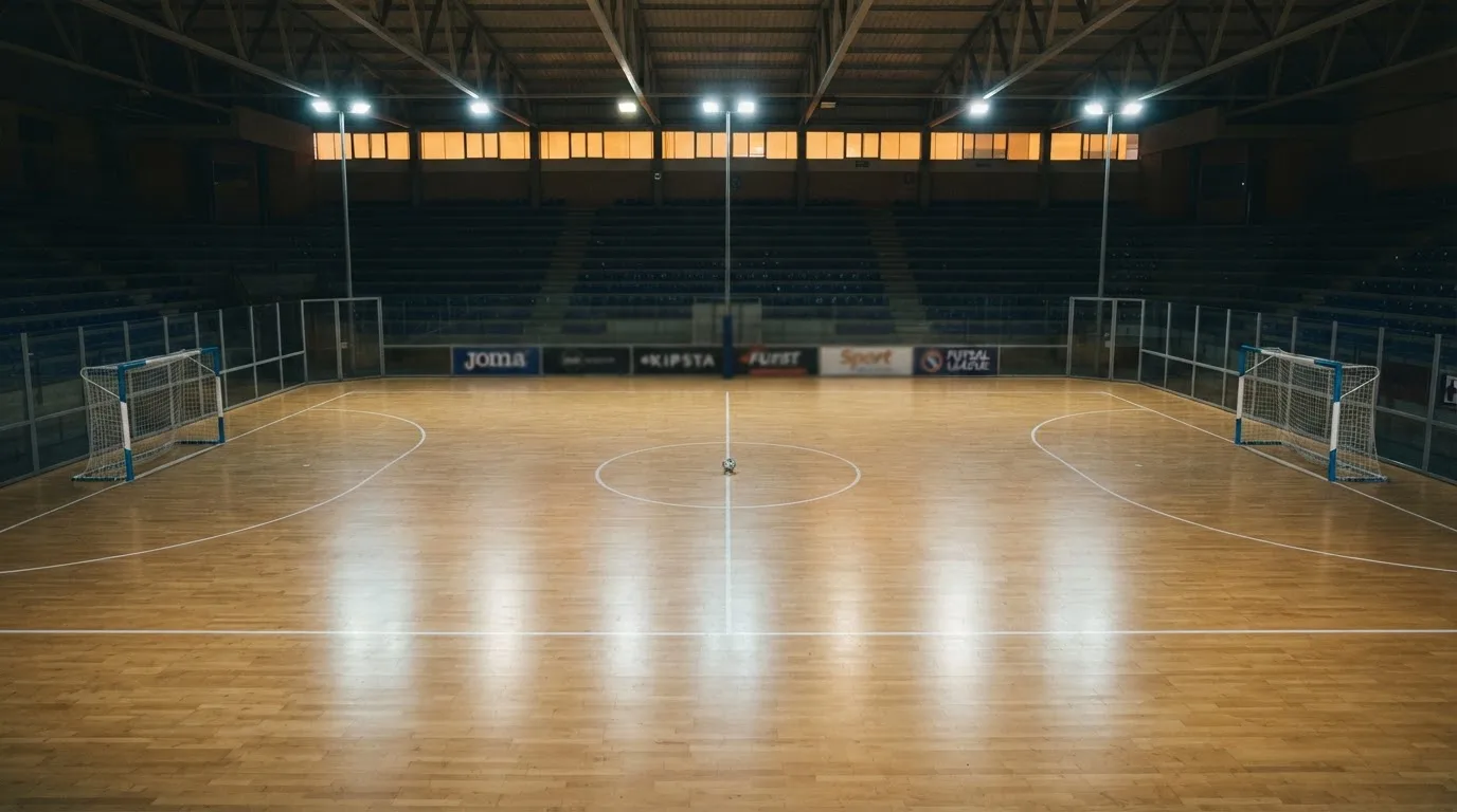 An empty football stadium with floodlight masts at dusk