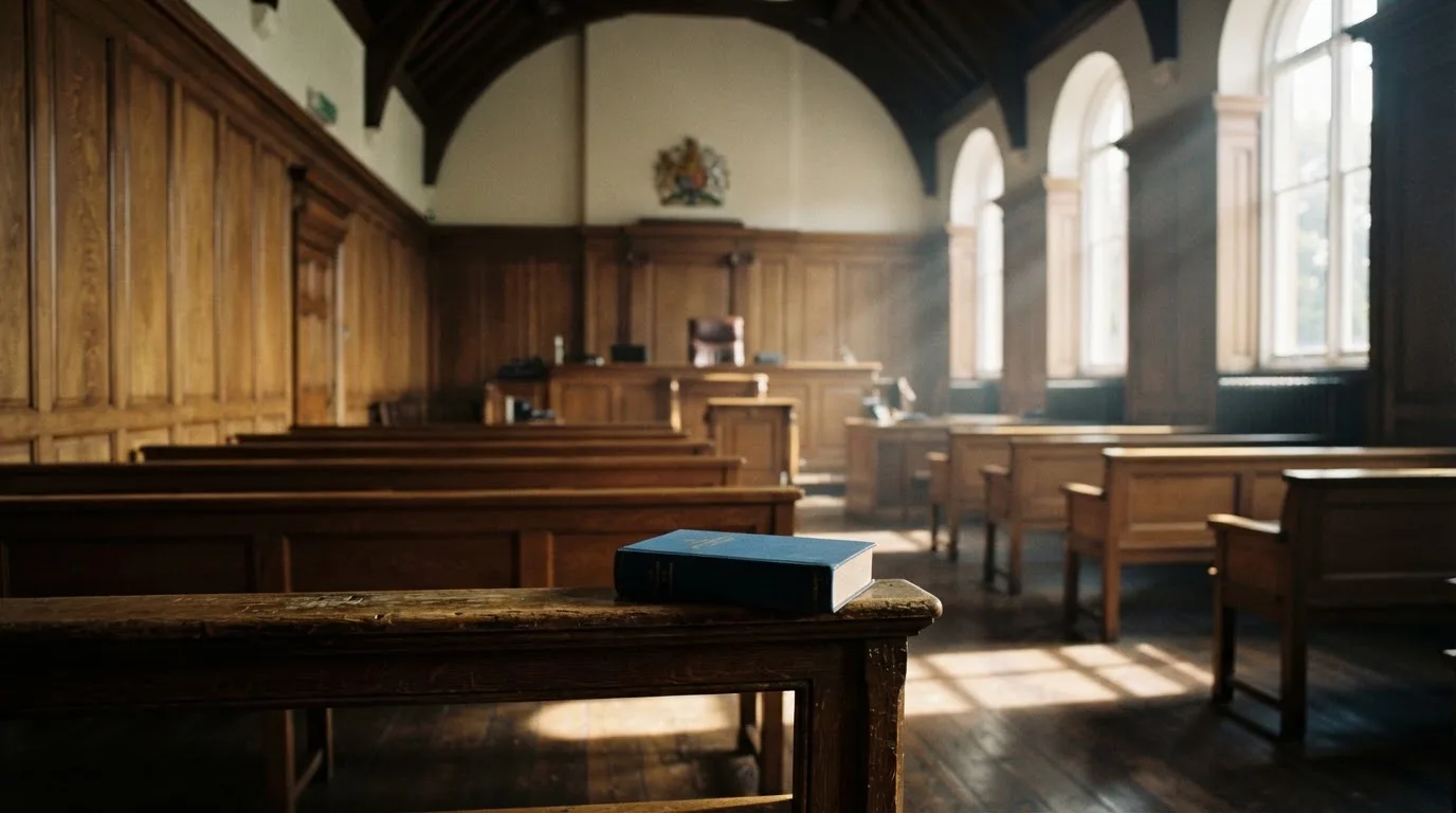 An empty courtroom with wooden benches in morning light