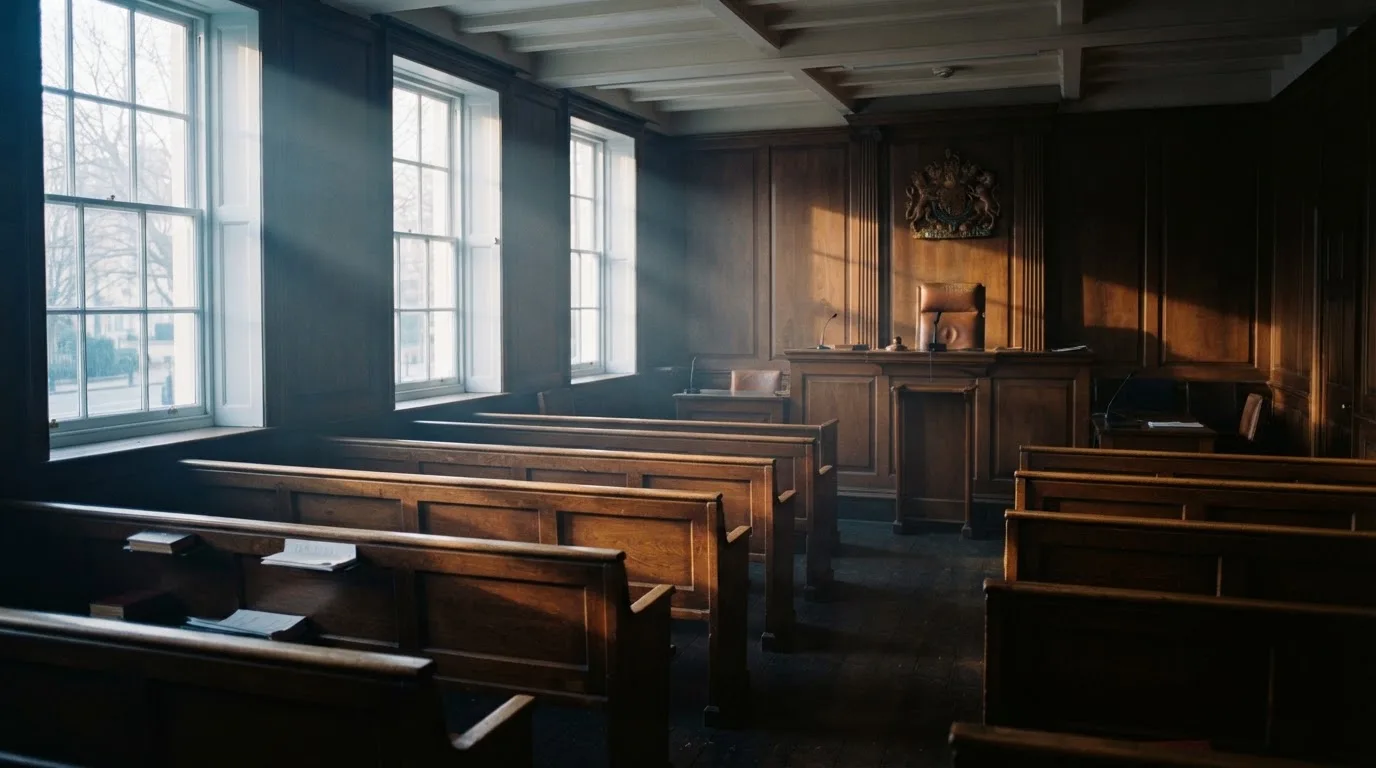 An empty courtroom with wooden benches in morning light