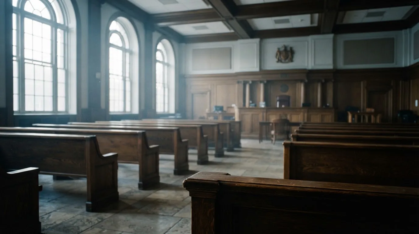 An empty courtroom with wooden benches in morning light