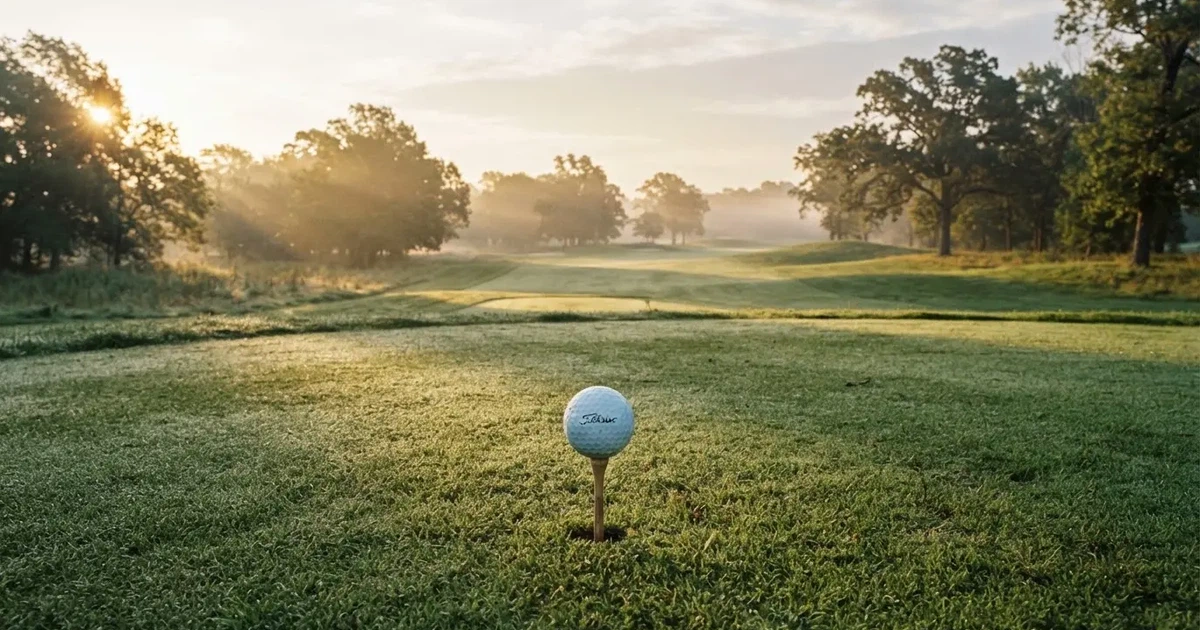 A ball on the centre spot of a grass pitch in morning light