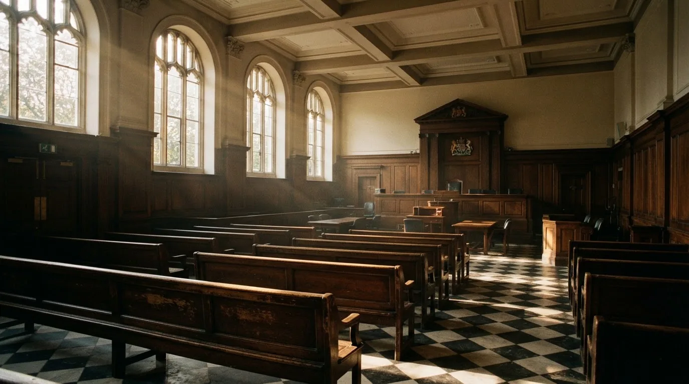 An empty courtroom with wooden benches in morning light