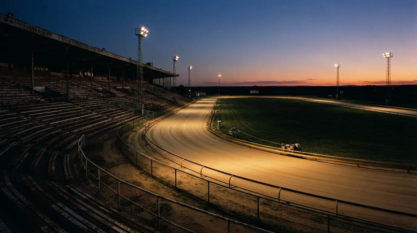 An empty football stadium with floodlight masts at dusk