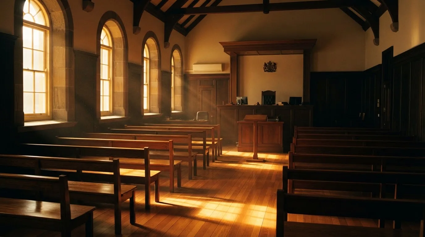 An empty courtroom with wooden benches in morning light