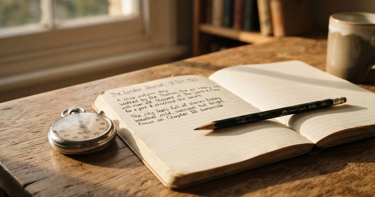 An open notebook with a pencil and a stopwatch on a wooden table
