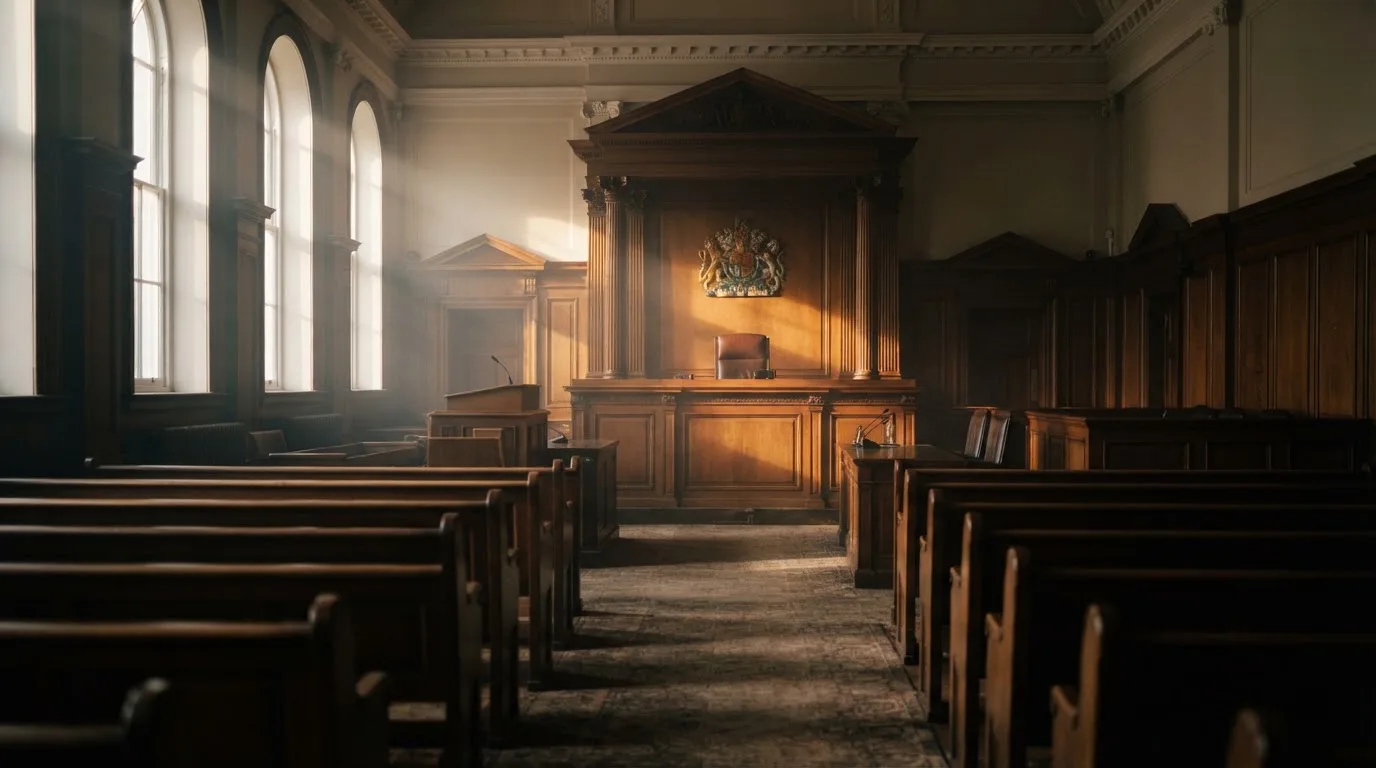 An empty courtroom with wooden benches in morning light