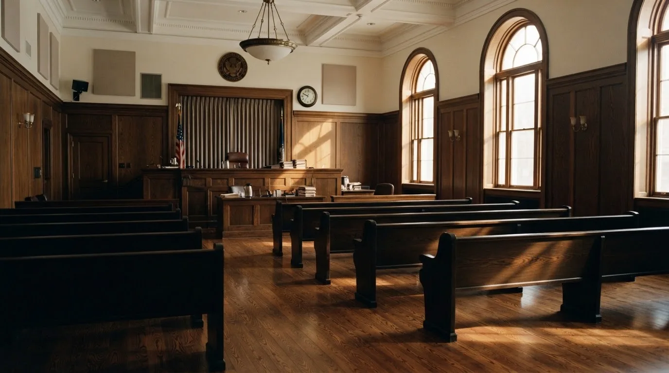 An empty courtroom with wooden benches in morning light