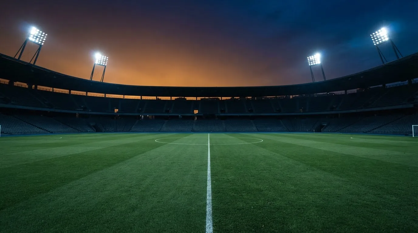 An empty football stadium with floodlight masts at dusk