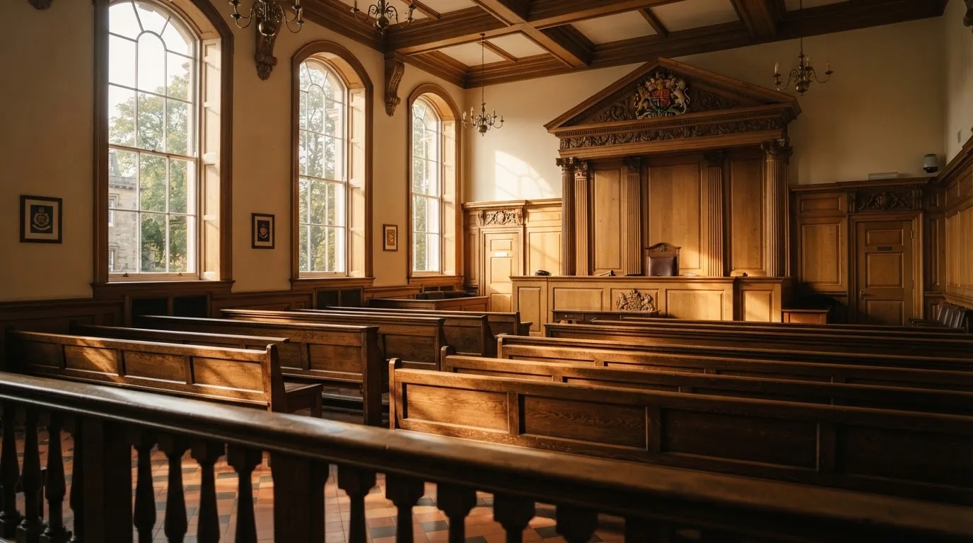 An empty courtroom with wooden benches in morning light