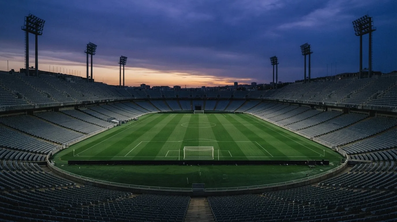 An empty football stadium with floodlight masts at dusk