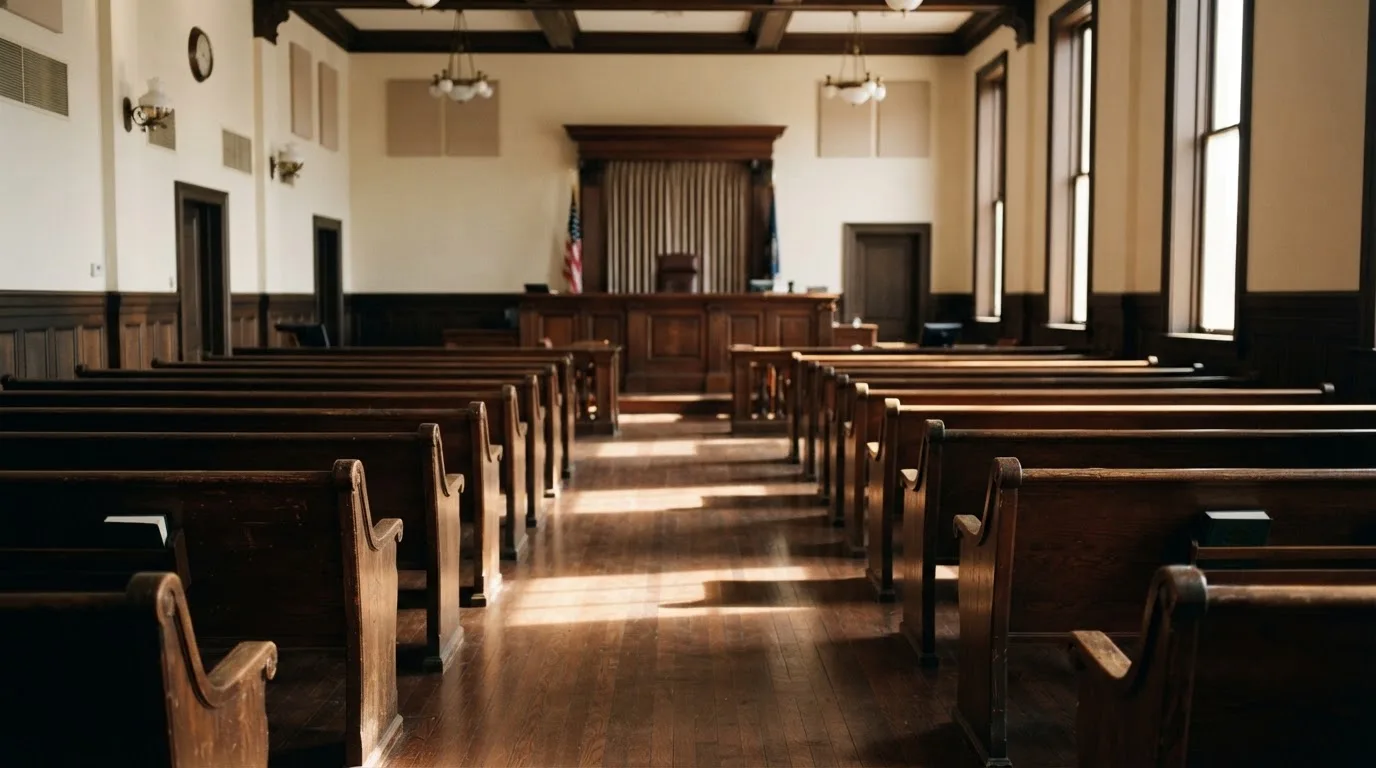 An empty courtroom with wooden benches in morning light