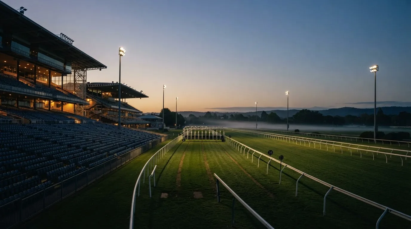 An empty football stadium with floodlight masts at dusk