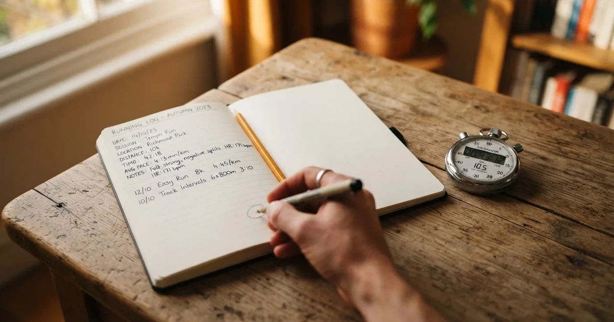 An open notebook with a pencil and a stopwatch on a wooden table
