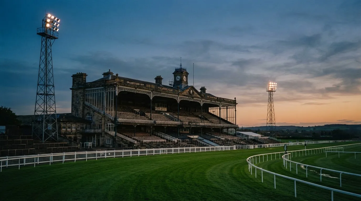 An empty football stadium with floodlight masts at dusk