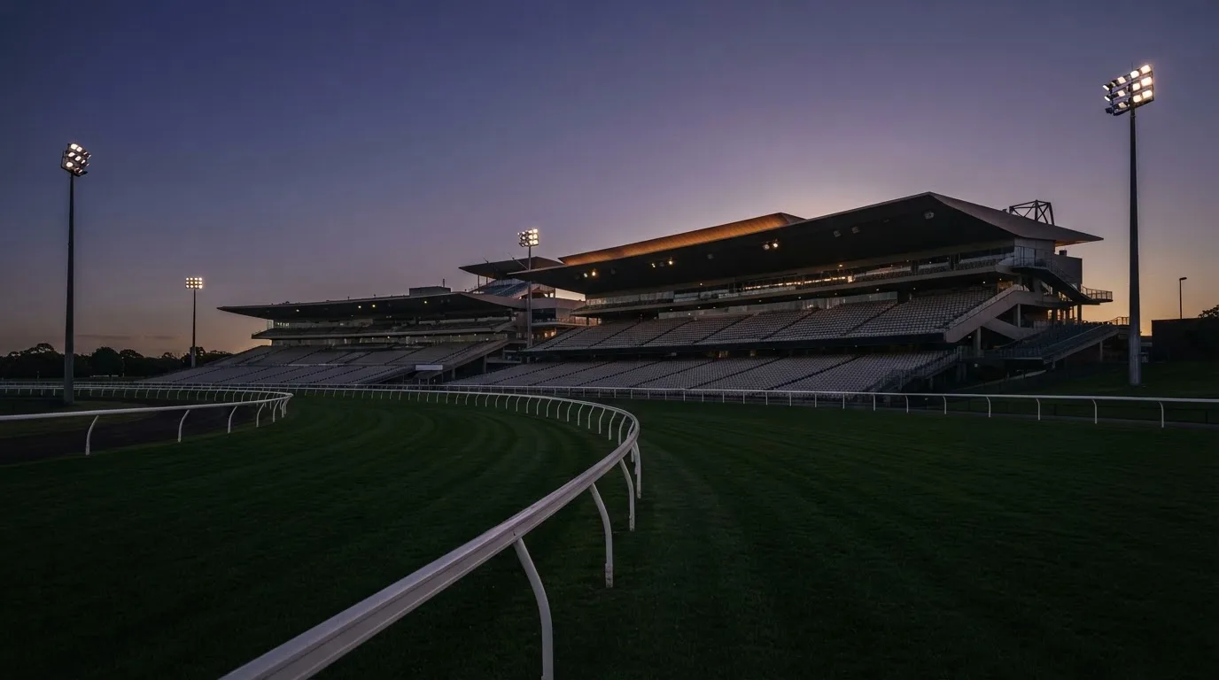 An empty football stadium with floodlight masts at dusk