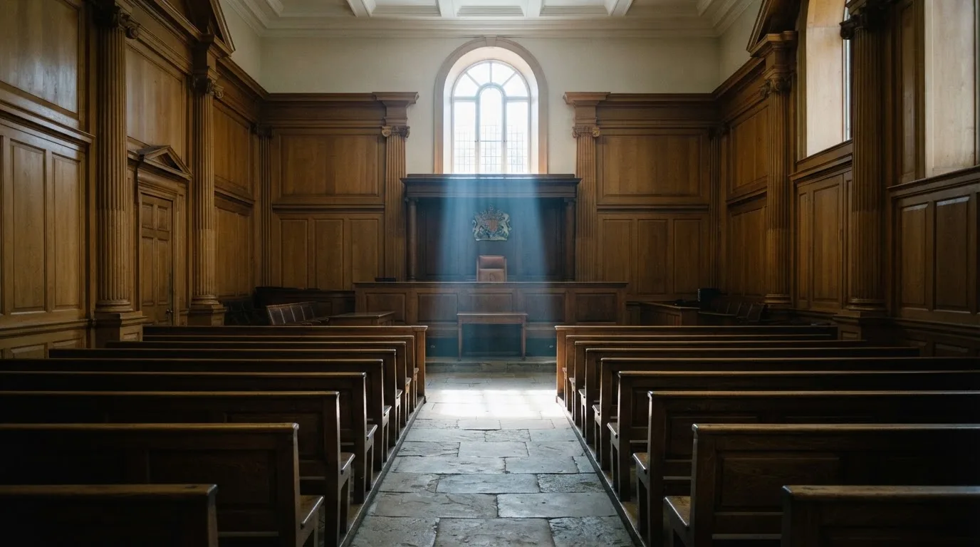 An empty courtroom with wooden benches in morning light