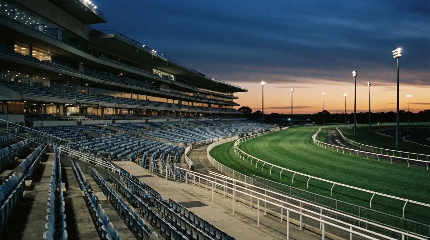 An empty football stadium with floodlight masts at dusk