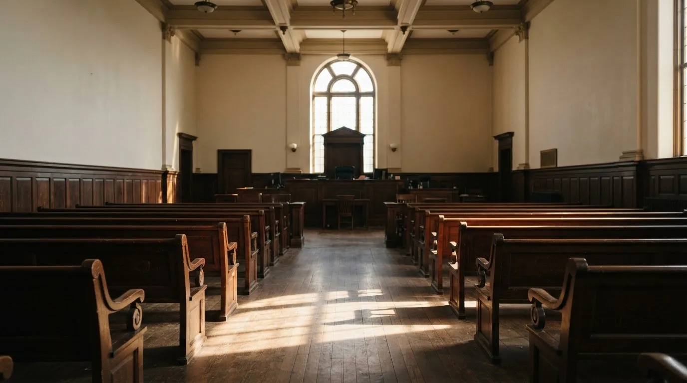 An empty courtroom with wooden benches in morning light