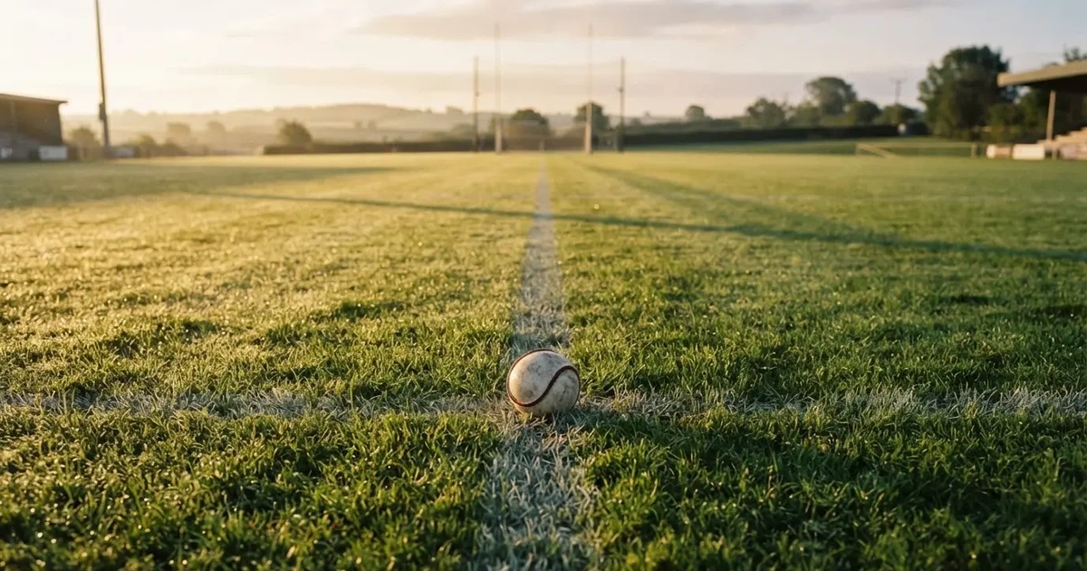 A ball on the centre spot of a grass pitch in morning light