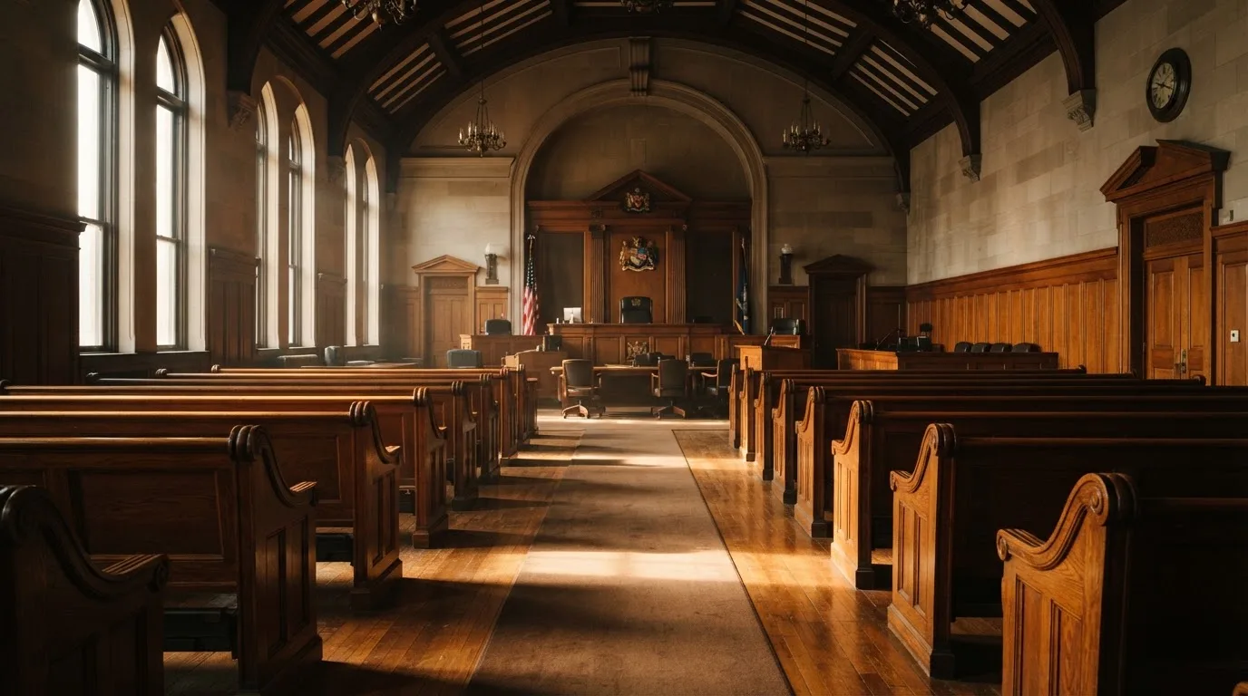 An empty courtroom with wooden benches in morning light