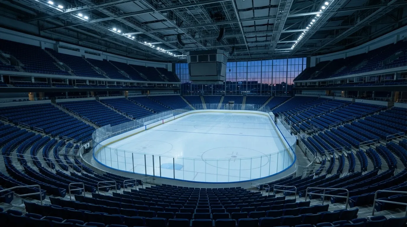 An empty football stadium with floodlight masts at dusk
