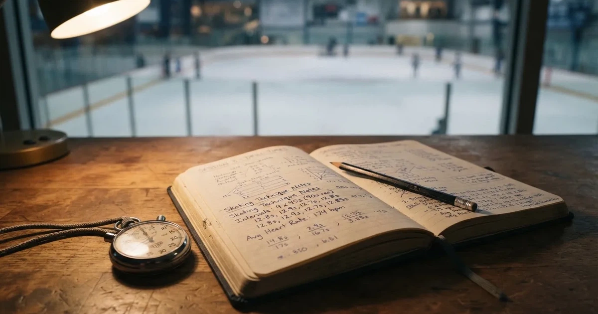 An open notebook with a pencil and a stopwatch on a wooden table