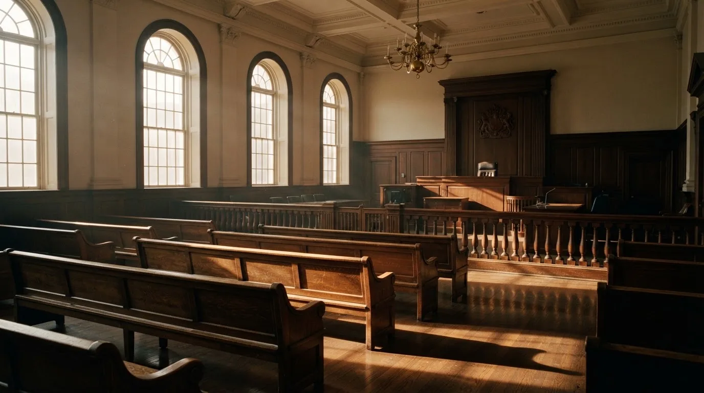 An empty courtroom with wooden benches in morning light