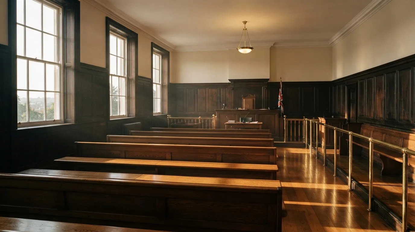 An empty courtroom with wooden benches in morning light