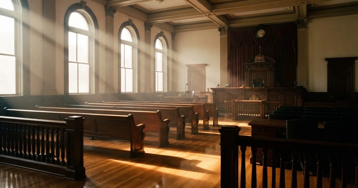 An empty courtroom with wooden benches in morning light