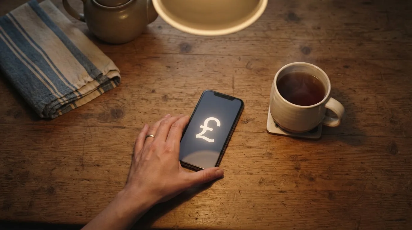 A hand setting a smartphone down beside a cup of tea on a kitchen table on a quiet evening
