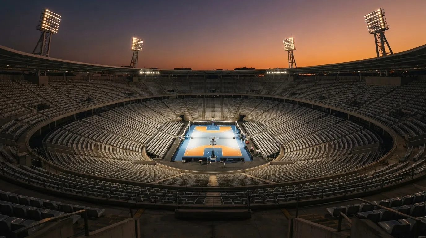 An empty football stadium with floodlight masts at dusk