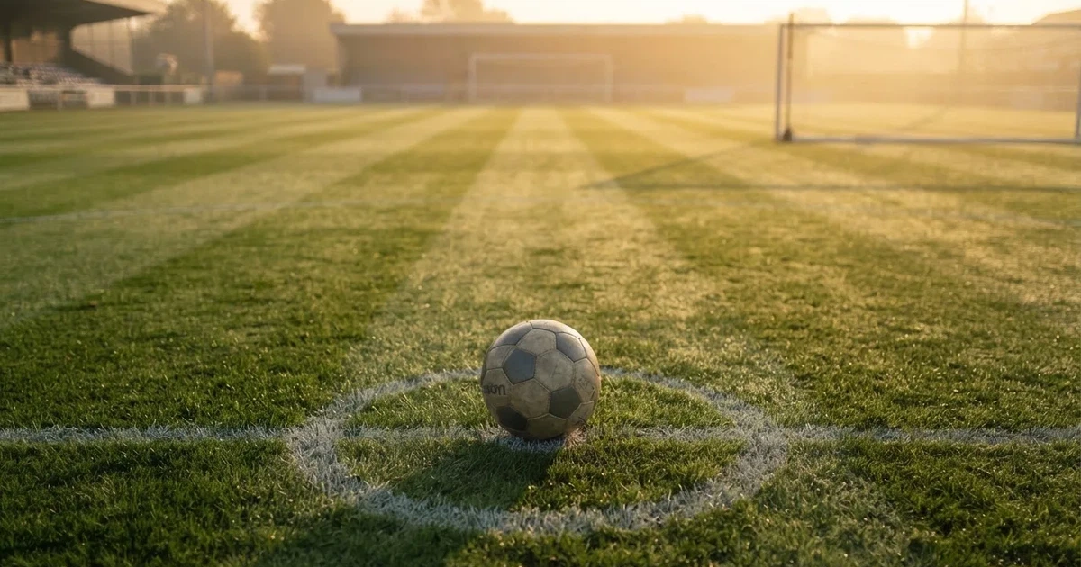 A ball on the centre spot of a grass pitch in morning light