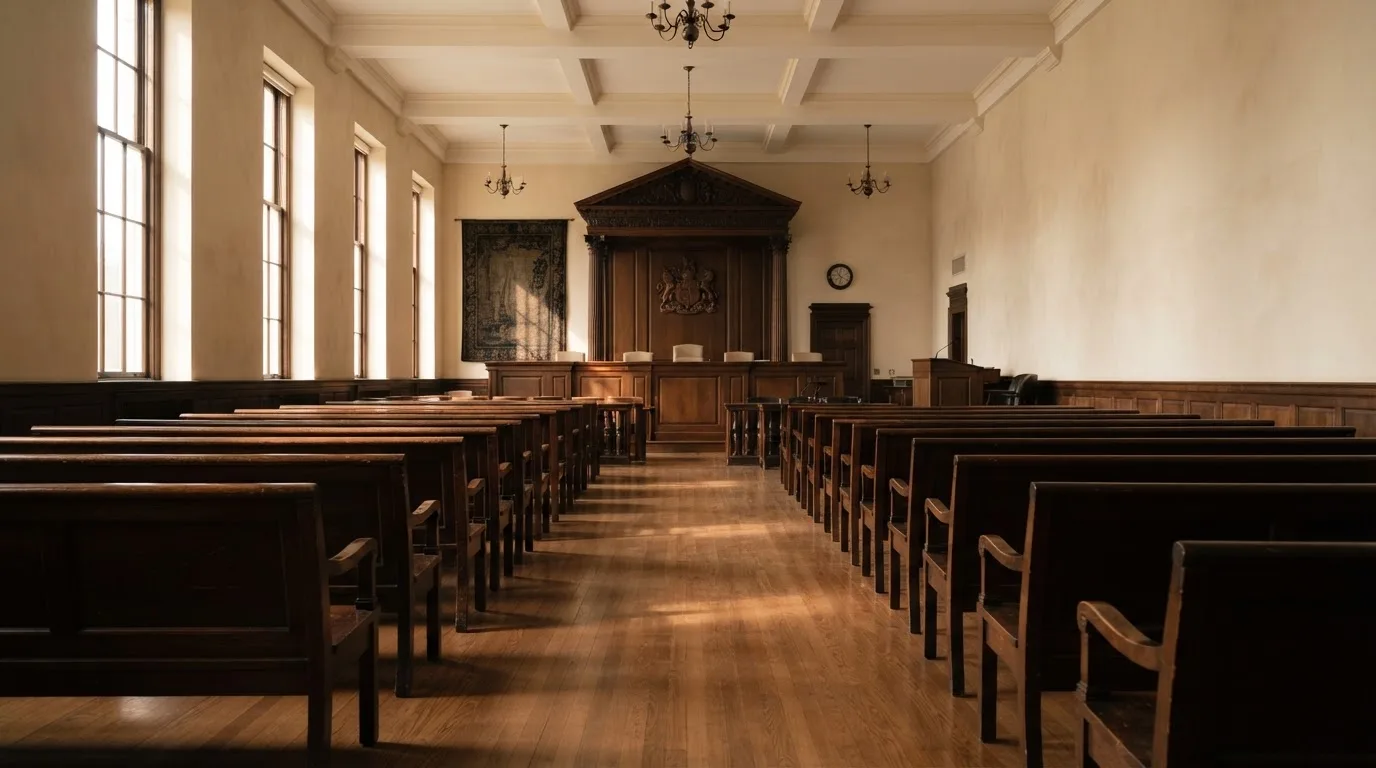 An empty courtroom with wooden benches in morning light