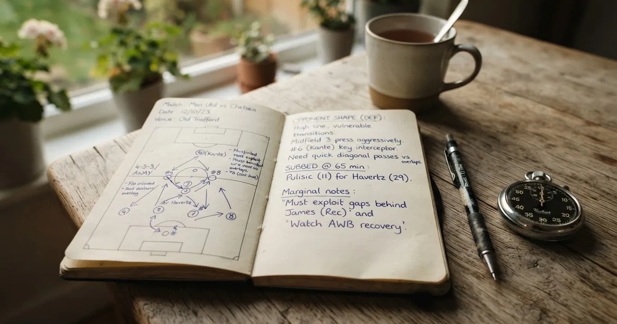 An open notebook with a pencil and a stopwatch on a wooden table