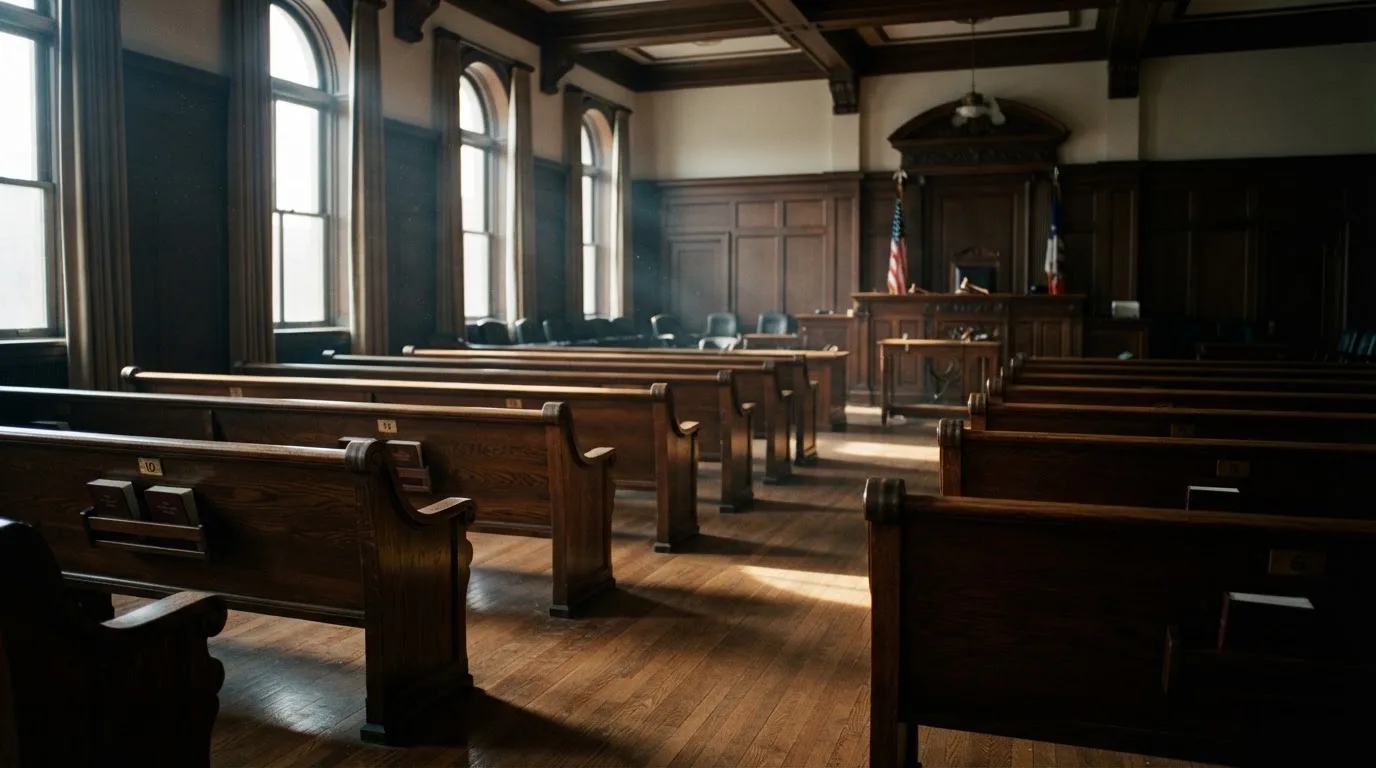 An empty courtroom with wooden benches in morning light