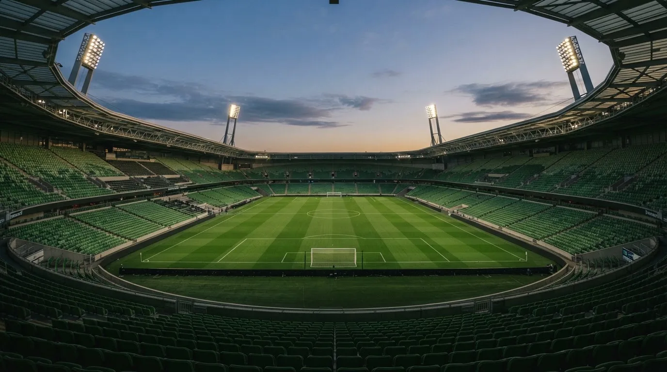 An empty football stadium with floodlight masts at dusk