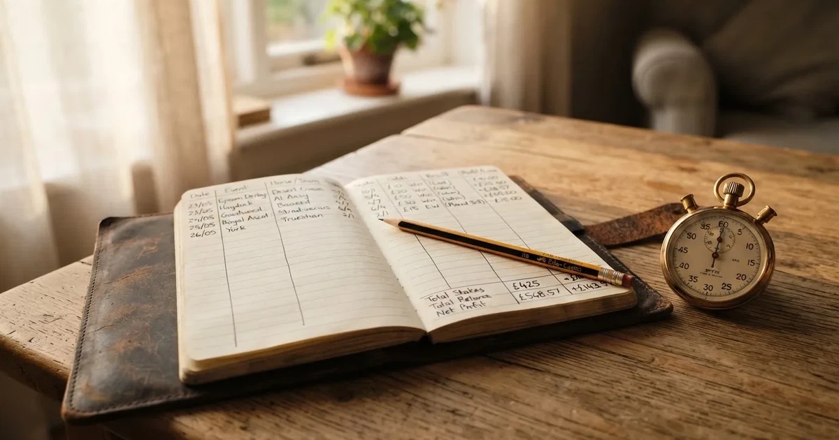 An open notebook with a pencil and a stopwatch on a wooden table