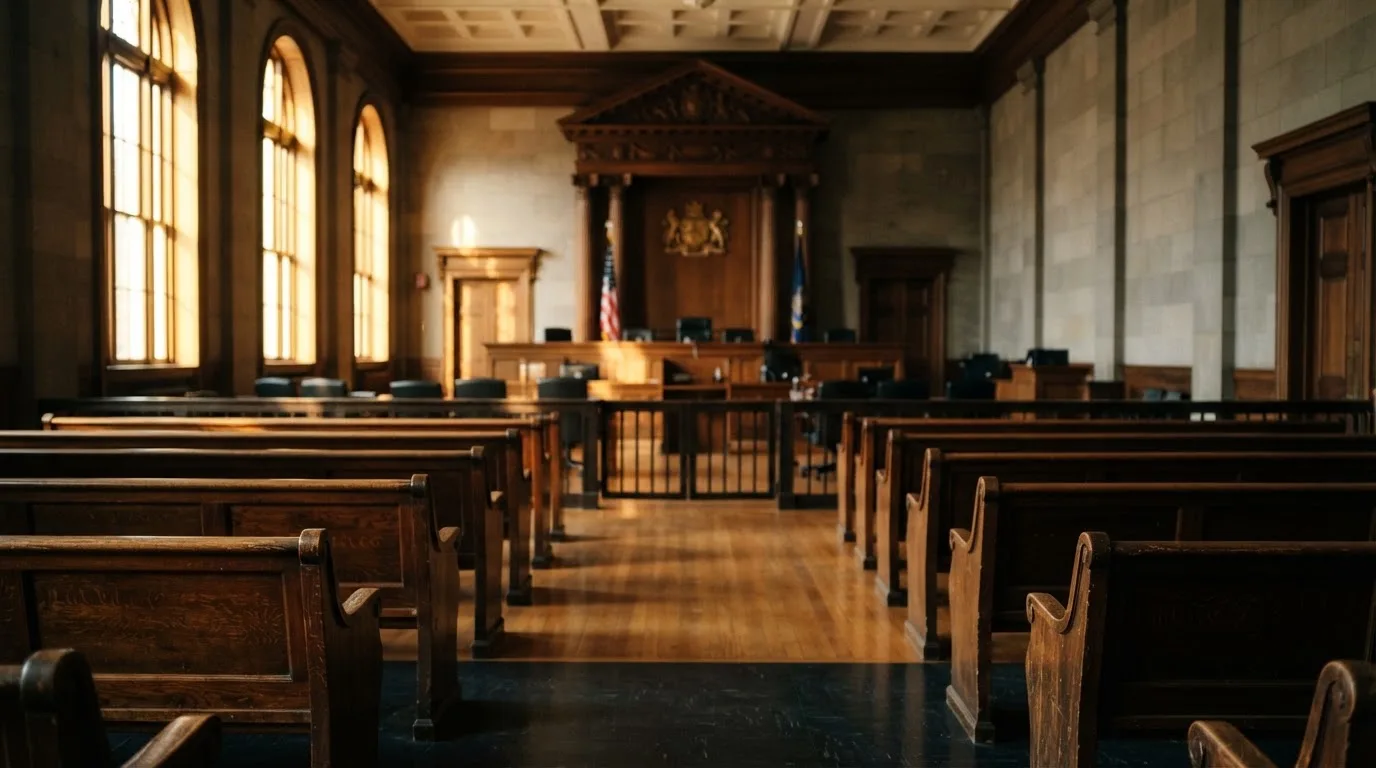 An empty courtroom with wooden benches in morning light