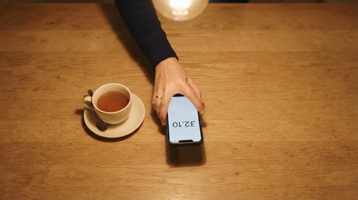 A hand setting a smartphone down beside a cup of tea on a kitchen table on a quiet evening