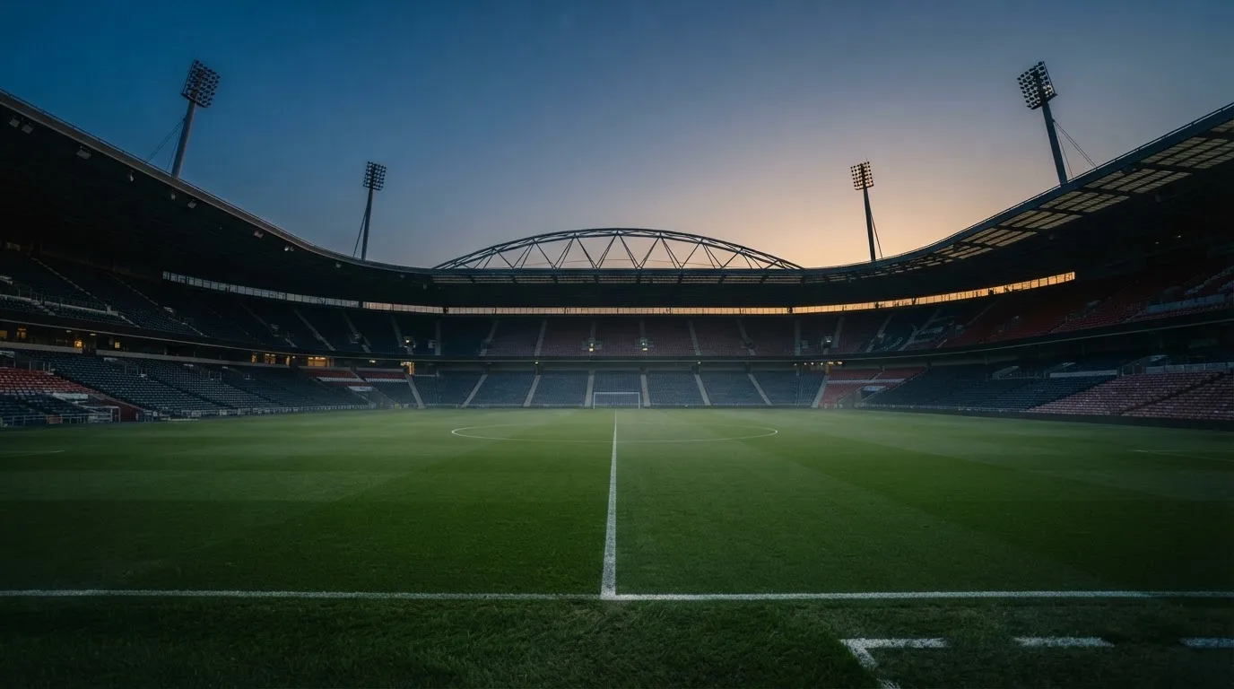 An empty football stadium with floodlight masts at dusk