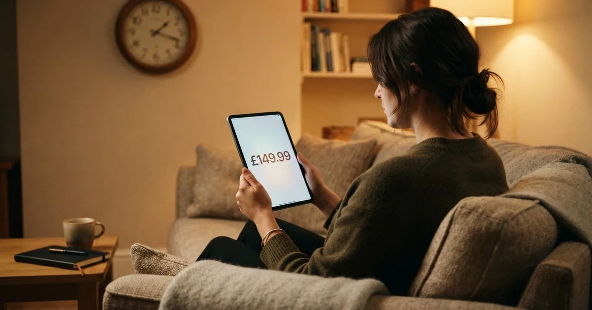 A person on a sofa looking thoughtfully at a tablet, a wall clock in the background