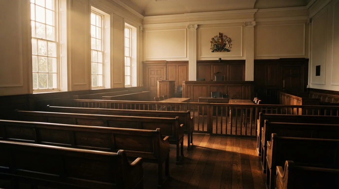 An empty courtroom with wooden benches in morning light